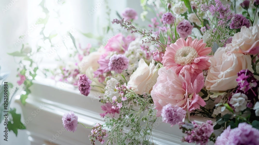 Floral arrangement with pink and white flowers on a white coffin. 