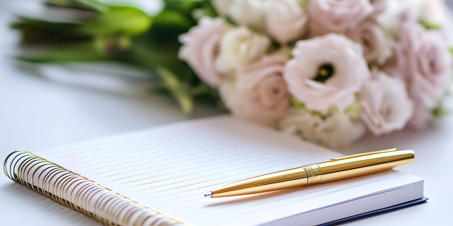 Gold pen on a notebook with pink flowers in the background